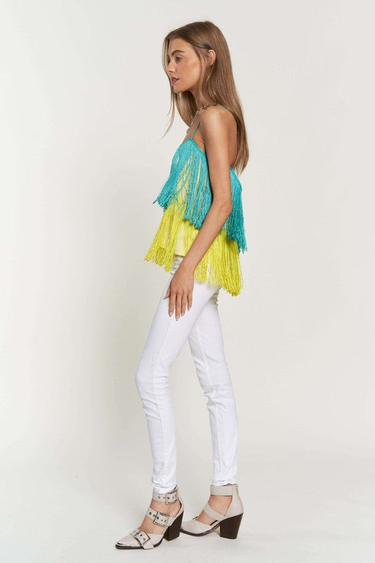 Fringe Overlay Cross Straps Party Cami Top